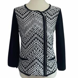 Lucky Brand Womens L Aztec Moto Sweater | Black & White Zip Knit Cardigan Jacket